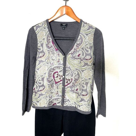 Talbots Petites S P Gray Silk Wool Cardigan Sweater Paisley S Small Petite - Picture 2 of 9
